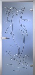картинка Стеклянная дверь Дельфин, матовое бесцветное стекло с гравировкой магазин Dveris являющийся официальным дистрибьютором в России 